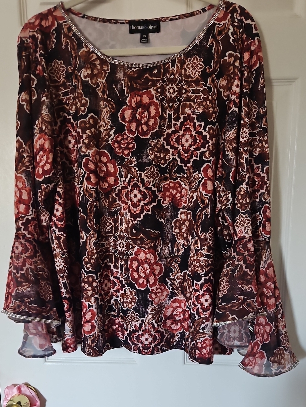 Floral Bell-Sleeve Blouse in Burgundy